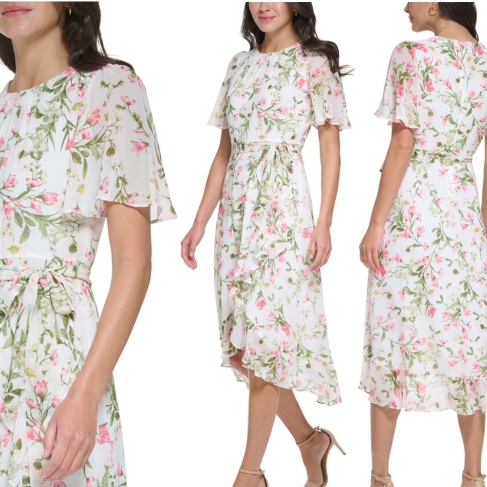 Jessica Howard Pink Green Petite Printed Flutter Sleeve Faux Wrap Chiffon Dress